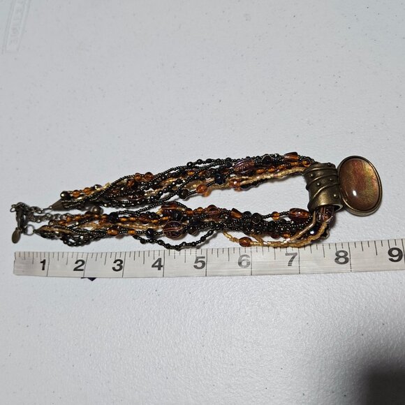 Chicos Seed Beaded Brass Tone Multi Strand Amber Pendant Statement Necklace - Picture 7 of 7